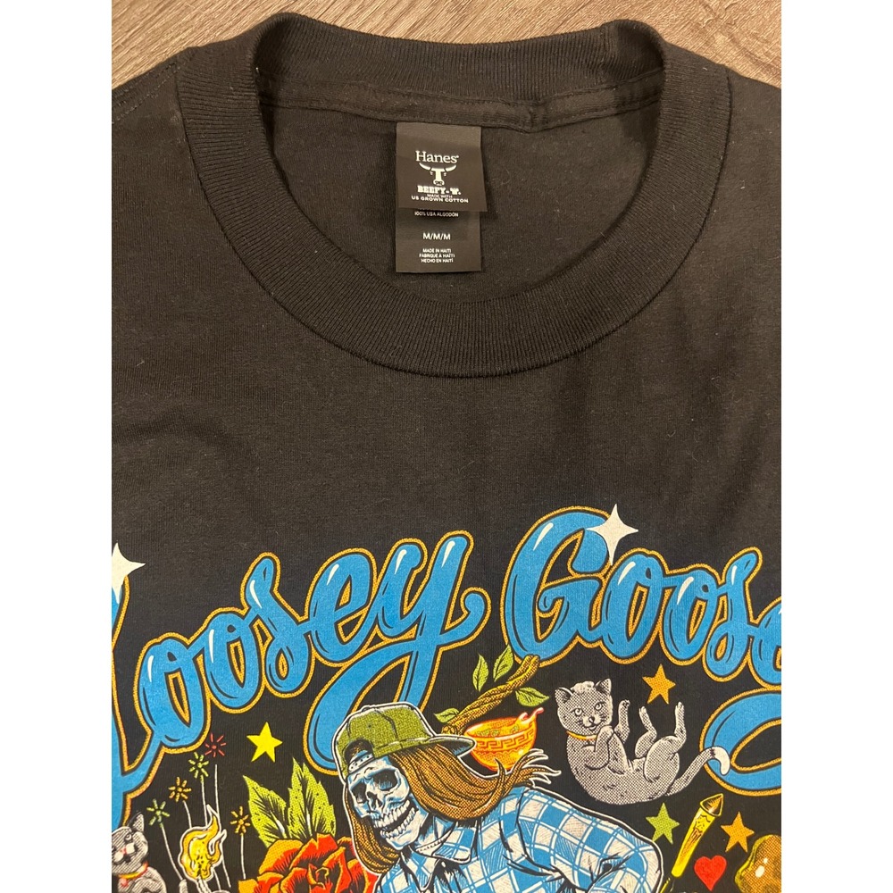 Hanes Beefy-T Loosey Goosey Enjoy The Ride Skeleton Surfer Graphic Tee Black M - Picture 2 of 2